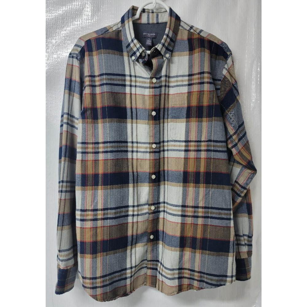 Mens Shirt Van Heusen Flex Flannel Plaid Blue Beige Gray Medium Cotton/Poly